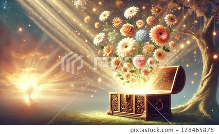 Sunlight shining on flowers overflowing from a treasure chest: an illustration expressing gratitude and happiness 128465878