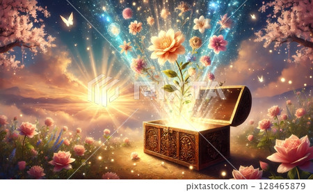 Sunlight shining on flowers popping out of a treasure chest: A spiritual illustration expressing the energy of joy and gratitude 128465879
