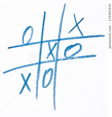 Hand drawn tic tac toe game, drawn with blue pencil on white paper. 128465934