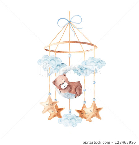 Watercolor baby cradle Mobile with cute teddy bear sleeping on moon with clouds and stars. Hand drawn illustration in pastel colors of kids hanging toy. For greeting cards, gender reveal, its a boy 128465950