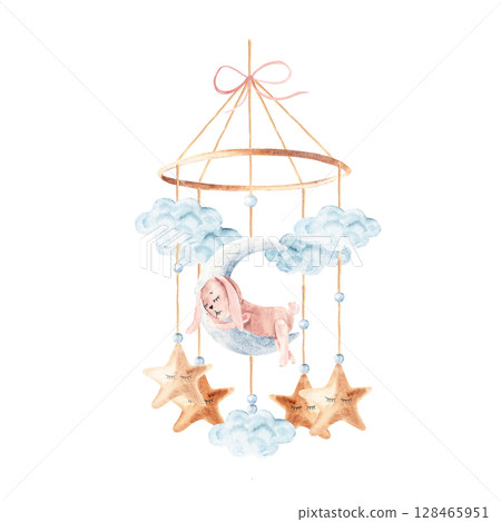 Watercolor baby cradle Mobile with cute pink rabbit sleeping on moon with clouds and stars. Hand drawn illustration in pastel colors of kids hanging toy. For greeting cards, gender reveal, its a girl 128465951