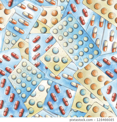Seamless pattern of many blister packs with pills. Top view, full frame of different colorful capsules and tablets with medicines. Watercolor illustration with outline Seamless pattern of many blister packs with pills. Top view, full frame of different colorful capsules and tablets with medicines. Watercolor illustration with outline 128466085