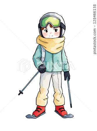 Cute skier cartoon vector illustration. 128466138