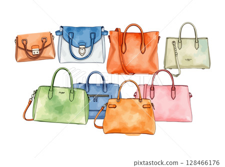 Set of handbags watercolor vector illustration. 128466176