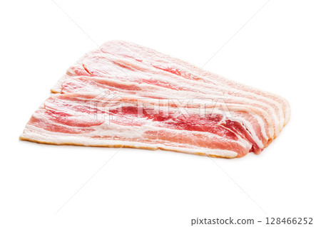 Slices of raw bacon isolated on white background. 128466252