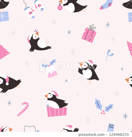 Cute Christmas Puffin Seamless Pattern with Gifts, Holiday Elements on Beige Background 128466255