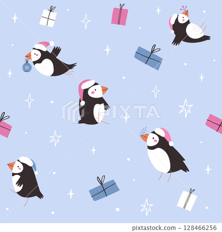 Cute Christmas Puffin Seamless Pattern with Gifts and Stars on Blue Background Cute Christmas Puffin Seamless Pattern with Gifts and Stars on Blue Background 128466256