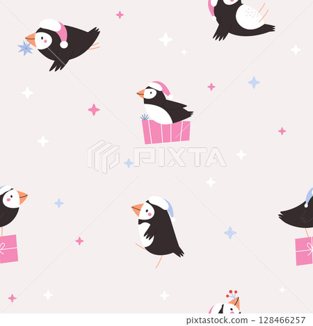 Cute Christmas Puffin Seamless Pattern with Gifts and Stars on Beige Background 128466257
