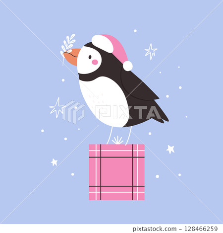 Cute Christmas Puffin in Santa Hat. Winter Holiday Cartoon Card with Adorable Bird Cute Christmas Puffin in Santa Hat. Winter Holiday Cartoon Card with Adorable Bird 128466259