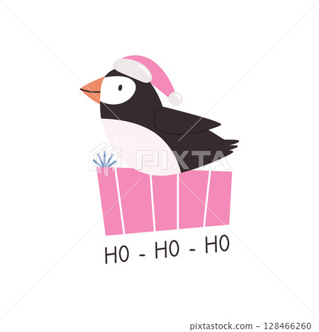 Cute Christmas Puffin in Santa Hat. Winter Holiday Cartoon Card with Adorable Bird 128466260