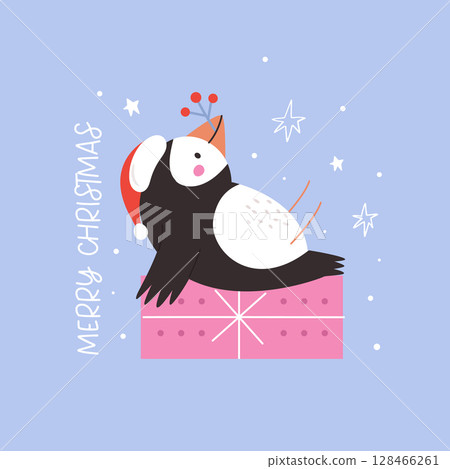 Cute Christmas Puffin in Santa Hat. Winter Holiday Cartoon Card with Adorable Bird Cute Christmas Puffin in Santa Hat. Winter Holiday Cartoon Card with Adorable Bird 128466261