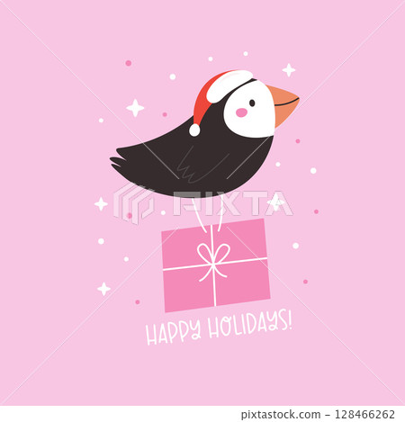Cute Christmas Puffin in Santa Hat. Winter Holiday Cartoon Card with Adorable Bird 128466262