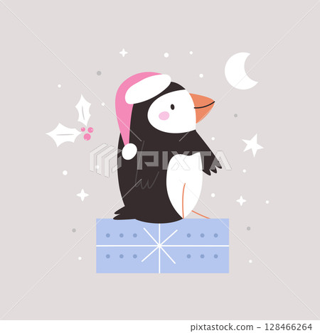 Cute Christmas Puffin in Santa Hat. Winter Holiday Cartoon Card with Adorable Bird 128466264