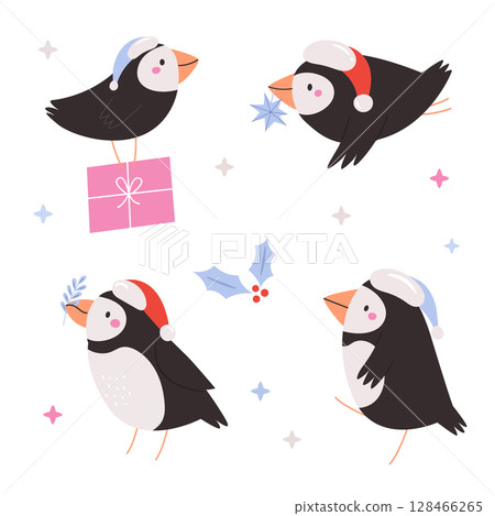 Cute Christmas Puffins in Santa Hats. Winter Holiday Cartoon Birds Collection 128466265