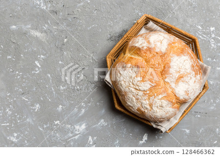 Freshly baked bread on basket against natural background. top view bread copy space Freshly baked bread on basket against natural background. top view bread copy space 128466362