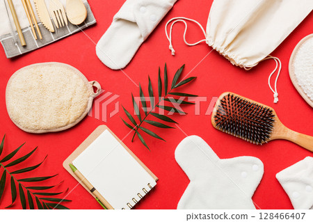 Zero waste concept. Eco-friendly home daily accessories. top view 128466407