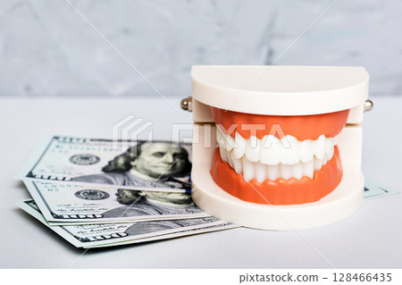 Closeup model of a human jaw with white teeth and dollar bill. Dentistry conceptual photo. Prosthetic dentistry. False teet top view with copy space 128466435