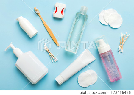 Mockup for bathing products top view flat lay, spa razor, toothpaste, soap, gel and other various accessories. Cosmetics for skin health. Bath Mockup for your logo Mockup for bathing products top view flat lay, spa razor, toothpaste, soap, gel and other various accessories. Cosmetics for skin health. Bath Mockup for your logo 128466436