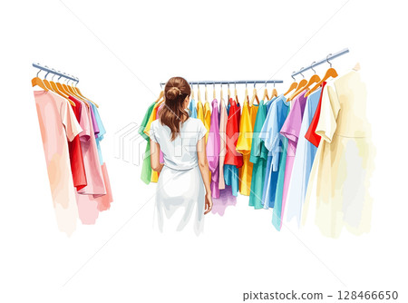 A young girl buys clothes in a store watercolor vector illustration. 128466650