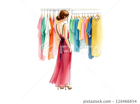 A young girl buys clothes in a store watercolor vector illustration. A young girl buys clothes in a store watercolor vector illustration. 128466654
