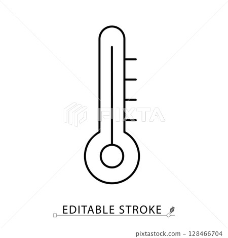 A thermometer icon in minimalist style with editable stroke. Temperature measurement, medical tool, fever check, weather indicator, health device, climate scale, outline vector illustration. 128466704