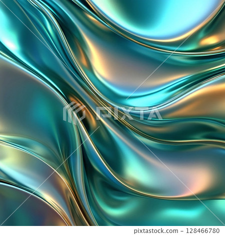 Iridescent abstract fabric in turquoise and golden shades. Generative AI 128466780