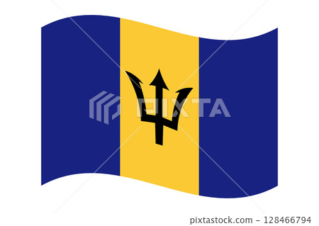 Waving Barbados Flag Illustration. Caribbean Trident Banner 128466794