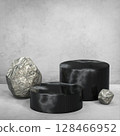 Black Marble Podiums with Rough Stones in Minimalist Gray Setting 128466952