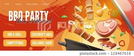 Advertising banner of the website for barbecue party with meat steak, ribs, shashlik on the grill. 128467018