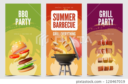 Set of 3D BBQ festival posters with burger, shashlik, sausages for grill. 128467019