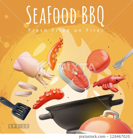 3D BBQ festival poster with grill, crab, fish steak, octopus legs, squid rings. 3D BBQ festival poster with grill, crab, fish steak, octopus legs, squid rings. 128467020