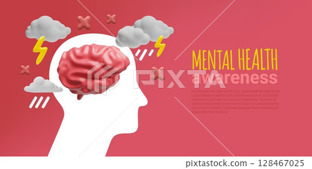 3D vector of brain on white silhouette of human head with clouds, thunder and lightning. 128467025
