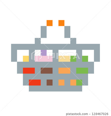 Shopping basket with food products pixel art vector icon, 8 bit game container for grocery purchases carrying handle box Shopping basket with food products pixel art vector icon, 8 bit game container for grocery purchases carrying handle box 128467026