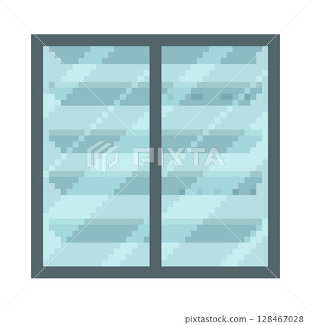 Stainless shelving, display case with glass doors pixel art, vector 8bit video game empty shelves furniture shop storage 128467028