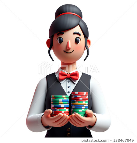 Female casino dealer in uniform holding poker chips, 3d render isolated on transparent background, gambling profession concept 128467049