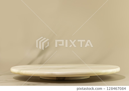 Wooden podium with shadows of rye and wheat. Empty product display on natural beige background for presentation pastries or bakery. Scene stage showcase for product, promotion sale. Front view Wooden podium with shadows of rye and wheat. Empty product display on natural beige background for presentation pastries or bakery. Scene stage showcase for product, promotion sale. Front view 128467084
