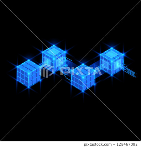 Blockchain vector design, energy glow cube blocks connection, shiny blue neon 3D square shape, cyber boxes compound Blockchain vector design, energy glow cube blocks connection, shiny blue neon 3D square shape, cyber boxes compound 128467092