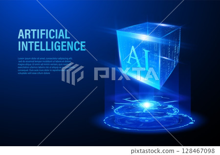 Energy glow round with virtual neon cube 3D projection vector banner design, Artificial intelligence high technology Energy glow round with virtual neon cube 3D projection vector banner design, Artificial intelligence high technology 128467098