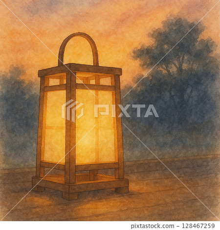 Japanese-style lanterns lit up on the veranda at dusk 128467259