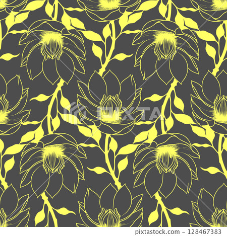 simple graphic seamless pattern of yellow magnolia flowers on a gray background, texture 128467383