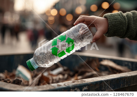 Child holds plastic bottle with recycling symbol near recycling bin 128467670