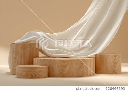 Wooden podiums draped with white fabric in beige setting Wooden podiums draped with white fabric in beige setting 128467693