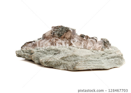 Macro mineral stone quartz chlorite Palygorskite rock on a white background 128467703