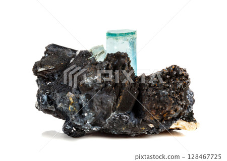 Macro mineral stone Aquamarine and black tourmaline, Schorl on a white background 128467725