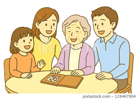 一位老奶奶和她的家人圍著相簿聊天的插圖 一位老奶奶和她的家人圍著相簿聊天的插圖 128467804