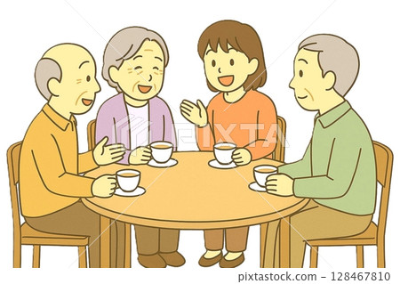 Illustration of elderly people enjoying tea time while chatting around a table 128467810