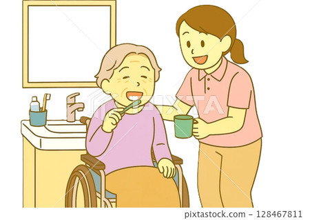 Illustration of an elderly person in a wheelchair brushing their teeth while being watched by a caregiver 128467811
