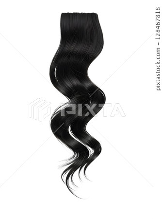 Long black wavy hair extension isolated on transparent background, human hair for styling or beauty ads 128467818