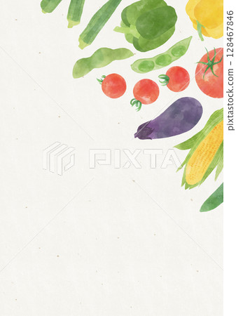垂直框架，右上角有水彩風格的夏季蔬菜，背景為再生紙風格 128467846