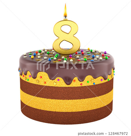 Birthday cake with number 8 candle and sprinkles. 3D rendering 128467972